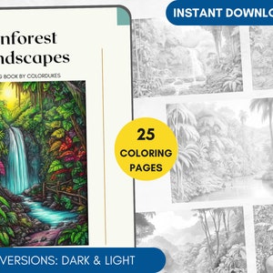 25 Coloring Pages, Rainforest Landscapes Grayscale Adult Coloring Book, Printable Gift for Nature Lovers, Advanced Coloring Pages