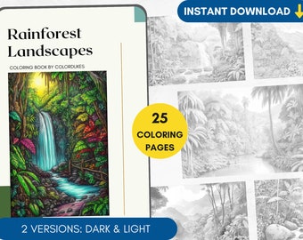 May include: A coloring book cover featuring a lush rainforest scene with a waterfall, green foliage, and a blue stream. The title "Rainforest Landscapes" is displayed at the top, along with the text "Coloring Book by Colordukes". The cover also includes the text "25 Coloring Pages" and "2 Versions: Dark & Light".