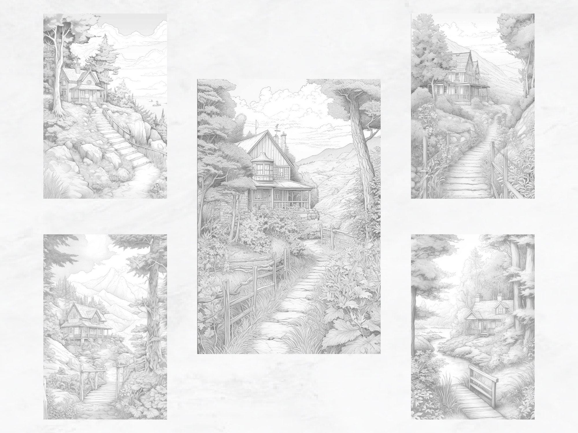 25 Coloring Pages, Forest Cottages Coloring Book Grayscale Coloring for ...