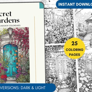 25 Coloring Pages, Secret Gardens, Coloring Book for Adults Grayscale, Floral Coloring Page, Advanced Coloring Book Intricate, PDF Coloring image 1