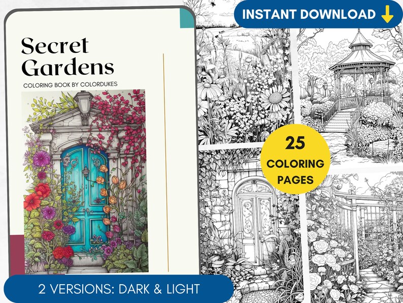 25 Coloring Pages, Secret Gardens, Coloring Book for Adults Grayscale, Floral Coloring Page, Advanced Coloring Book Intricate, PDF Coloring image 1