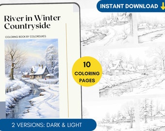 10 Coloring Pages Winter Countryside Grayscale Coloring Book for Adults, Pigment Coloring Page Digital, Christmas Coloring PDF