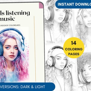 14 Coloring Pages Girls and Headphones Grayscale Coloring Book for Adults, Portrait Coloring Pages for Pigment, Music Coloring PDF Printable