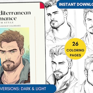 26 Coloring Pages, Mediterranean Romance Adult Coloring Book, Printable Gift for Sister, Handsome Men Coloring Pages, People Coloring