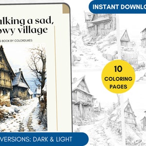 10 Coloring Pages Sad Snowy Village Coloring Book for Adults Grayscale Ruined Buildings Coloring Sheets, Post Apocalyptical Coloring PDF