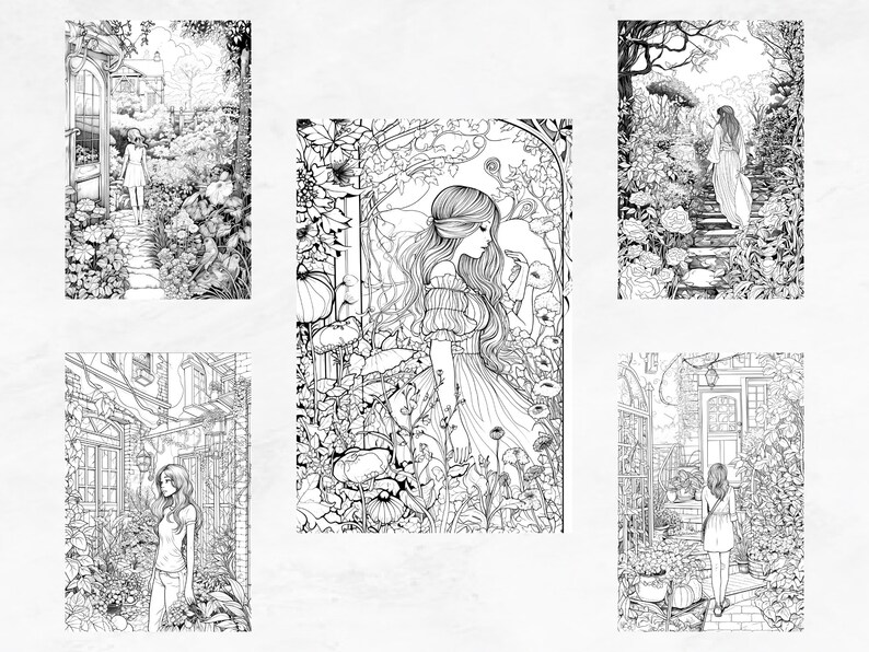 25 Coloring Pages, Secret Gardens, Coloring Book for Adults Grayscale, Floral Coloring Page, Advanced Coloring Book Intricate, PDF Coloring image 6