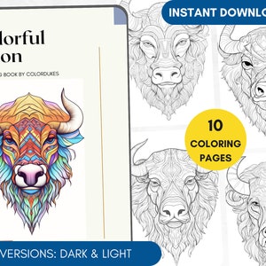 10 Coloring Pages Bison Coloring Book for Adults, Animal Coloring Pages for Pigment, Bison Mandala Coloring, Digital Coloring PDF Printable