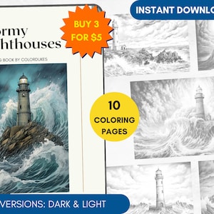 10 Coloring Pages, Stormy Lighthouses Grayscale Adult Coloring Book, Advanced Coloring, Seaside Coloring Pages for Pigment, Printable PDF