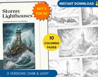 10 Coloring Pages, Stormy Lighthouses Grayscale Adult Coloring Book, Advanced Coloring, Seaside Coloring Pages for Pigment, Printable PDF