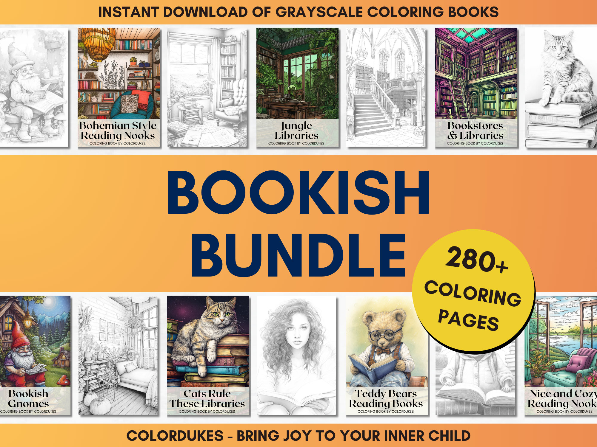 Bookish Coloring Pages Bundle, Library Coloring Book for Adult, Book