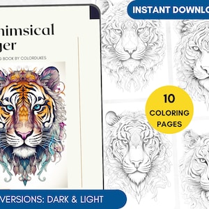 10 Coloring Pages Tiger Coloring Book for Adults, Wild Cat Coloring Pages, Whimsical Tiger Coloring, Digital Coloring PDF Printable