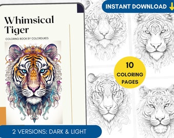 Puede incluir: Un libro para colorear con un tigre caprichoso con detalles intrincados. La portada muestra un tigre colorido con ojos azules y patrones florales. El libro incluye 10 páginas para colorear y dos versiones: oscura y clara.