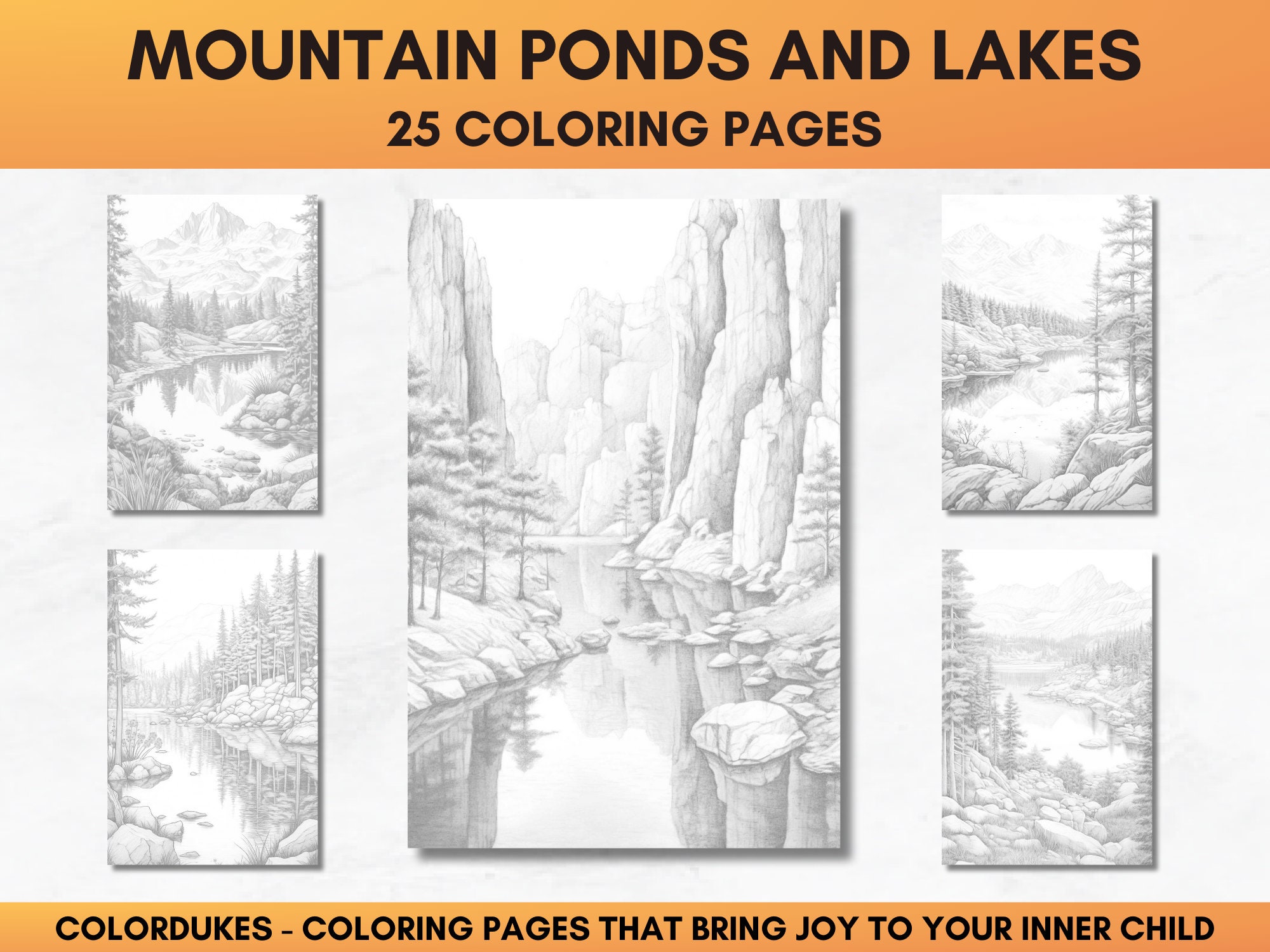 25 Coloring Pages, Mountain Lakes Grayscale Adult Coloring Book ...