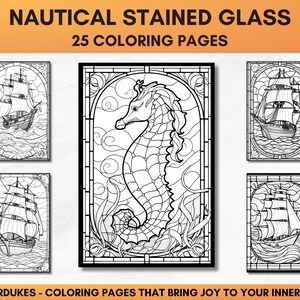 Set of 25 adult coloring pages of nautical stained glasses featuring ships, lighthouses, tropical islands, anchors, and sea animals.