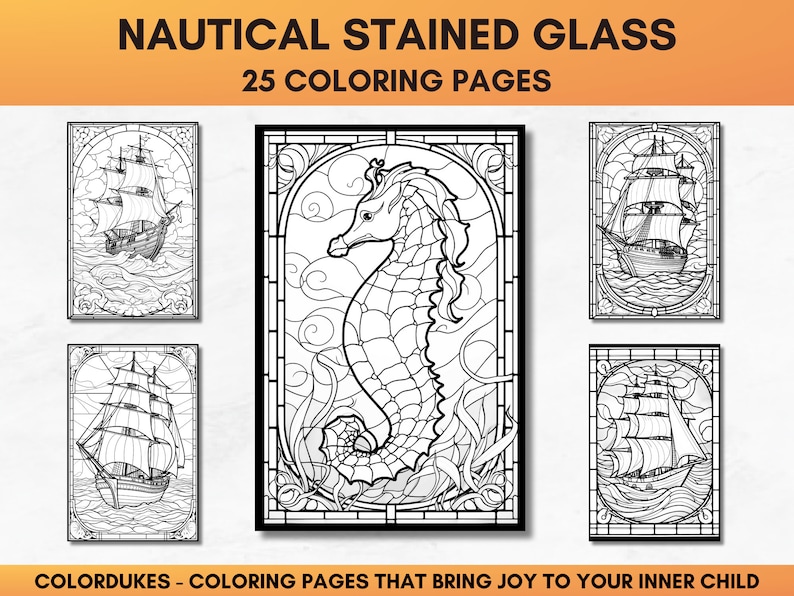 Set of 25 adult coloring pages of nautical stained glasses featuring ships, lighthouses, tropical islands, anchors, and sea animals.
