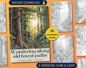 25 Coloring Pages, Old Forest Paths Grayscale Adult Coloring Book, Printable Gift for Nature Lovers, Advanced Coloring Pages, Landscapes
