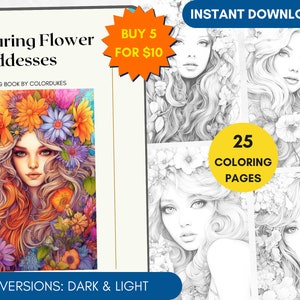 25 Coloring Pages, Girls with Flowers Coloring Book Grayscale, People Coloring Page, Adults Coloring Pages for Pigment, PDF Printable
