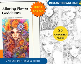 25 Coloring Pages, Girls with Flowers Coloring Book Grayscale, People Coloring Page, Adults Coloring Pages for Pigment, PDF Printable