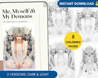 5 Demon Coloring Pages Halloween, Mythology Coloring for Adults, Grayscale Monster Coloring Sheets, Printable Devil Coloring PDF