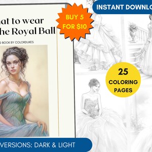 25 Coloring Pages, Princess Gawns Grayscale Adult Coloring Book, Photo Realistic Coloring Page, Woman Portrait Coloring, Printable PDF