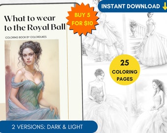25 pages à colorier, livre de coloriage pour adultes en niveaux de gris de la princesse Gawns, photo réaliste à colorier, portrait de femme à colorier, PDF imprimable