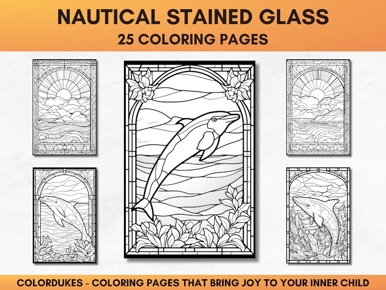 Set of 25 adult coloring pages of nautical stained glasses featuring ships, lighthouses, tropical islands, anchors, and sea animals.