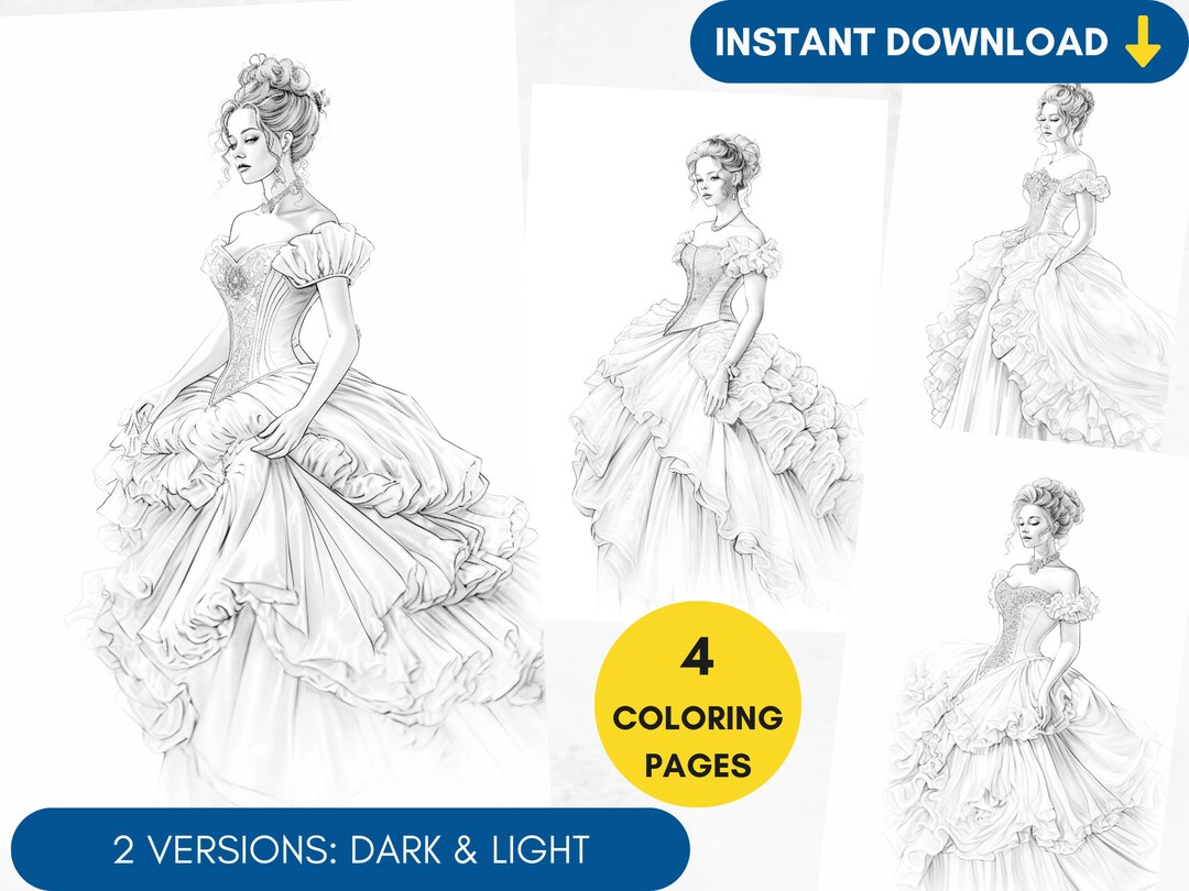 Coloring Pages, Ball Dress Grayscale Adult Coloring Book