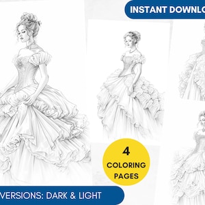 4 Coloring Pages, Ball Dress Grayscale Adult Coloring Book Princess Fashion Coloring Page, Bride Portrait Coloring Wedding, Printable PDF