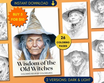 26 Coloring Pages Old Witches Grayscale Coloring Book for Adults, Fantasy Coloring Pages for Pigment, Elderly Woman Coloring PDF Printable
