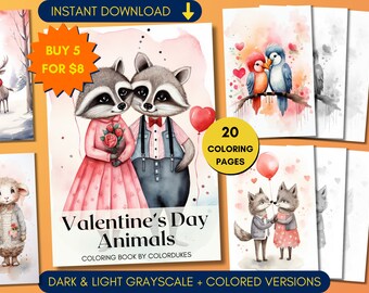 Valentines dieren kleurplaten, schattige grijswaarden volwassen kleurboek, liefde kleurplaten, digitale afdrukbare PDF
