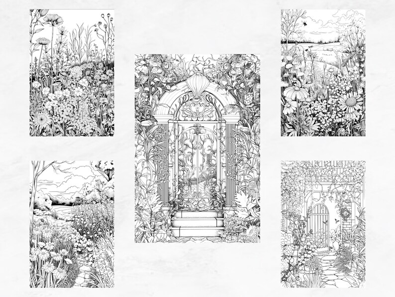 25 Coloring Pages, Secret Gardens, Coloring Book for Adults Grayscale, Floral Coloring Page, Advanced Coloring Book Intricate, PDF Coloring image 9