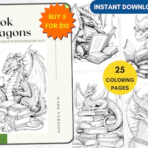 25 Coloring Pages, Book Dragons Grayscale Adult Coloring Book, Fantasy Coloring Page, Gift for Book Lovers, Anti-Stress Coloring Pages