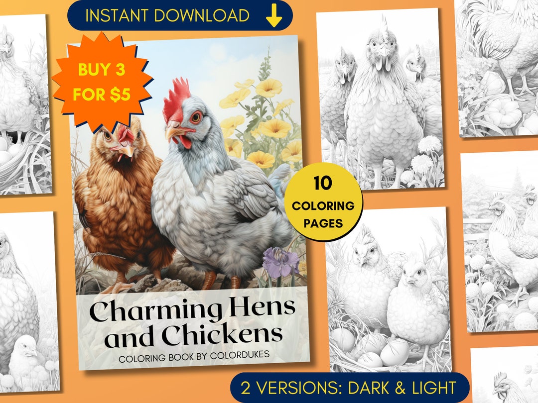 10 Chickens Coloring Pages for Adults, Farmhouse Coloring Book in ...