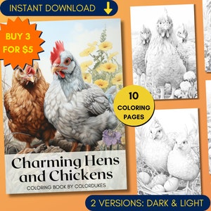 10 Chickens Coloring Pages for Adults, Farmhouse Coloring Book in Grayscale, Digital Coloring Sheets, Printable PDF
