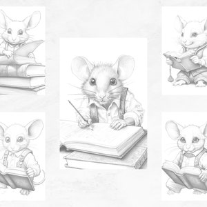 May include: Five black and white illustrations of mice reading books. Each mouse is wearing a waistcoat and bow tie. The mice are sitting or standing and holding books in their paws.