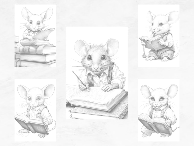 May include: Five black and white illustrations of mice reading books. Each mouse is wearing a waistcoat and bow tie. The mice are sitting or standing and holding books in their paws.