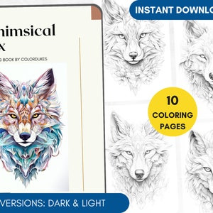 10 Coloring Pages Fox Coloring Book für Erwachsene, Tier Coloring Pages für Pigment, Fantasy Fuchs Färbung, Digitale Färbung PDF Printable