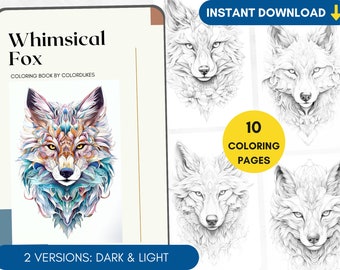 10 Coloring Pages Fox Coloring Book for Adults, Animal Coloring Pages for Pigment, Fantasy Fox Coloring, Digital Coloring PDF Printable