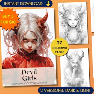 27 Kolorowanki Dziewczyny Diabła dla Dorosłych, Realistyczna Kolorowanka Halloween w Skali Szarości, Arkusze Kolorowanki Demonów, Cyfrowy PDF