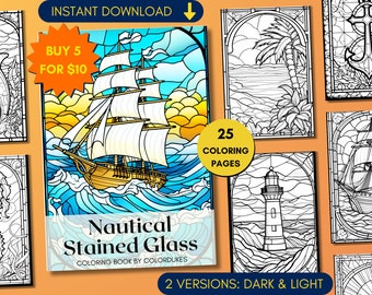 May include: A coloring book with 25 pages of nautical stained glass designs. The cover features a ship sailing on the ocean with a sunset in the background. The book is titled "Nautical Stained Glass Coloring Book by ColorDukes".