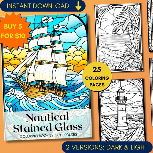 25 Nautical Coloring Pages Stained Glass, Ocean and Sea Coloring Book for Adults, Digital Printable PDF