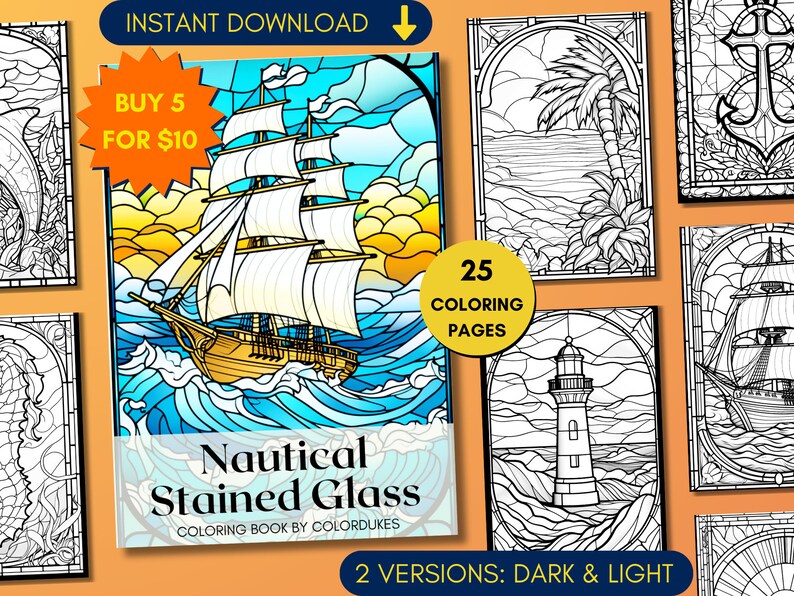 Set of 25 adult coloring pages of nautical stained glasses featuring ships, lighthouses, tropical islands, anchors, and sea animals.