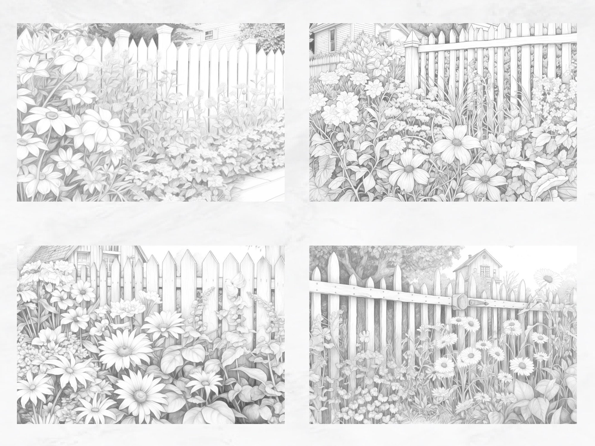 25 Coloring Pages, Country Fences Coloring Book for Adults Grayscale ...