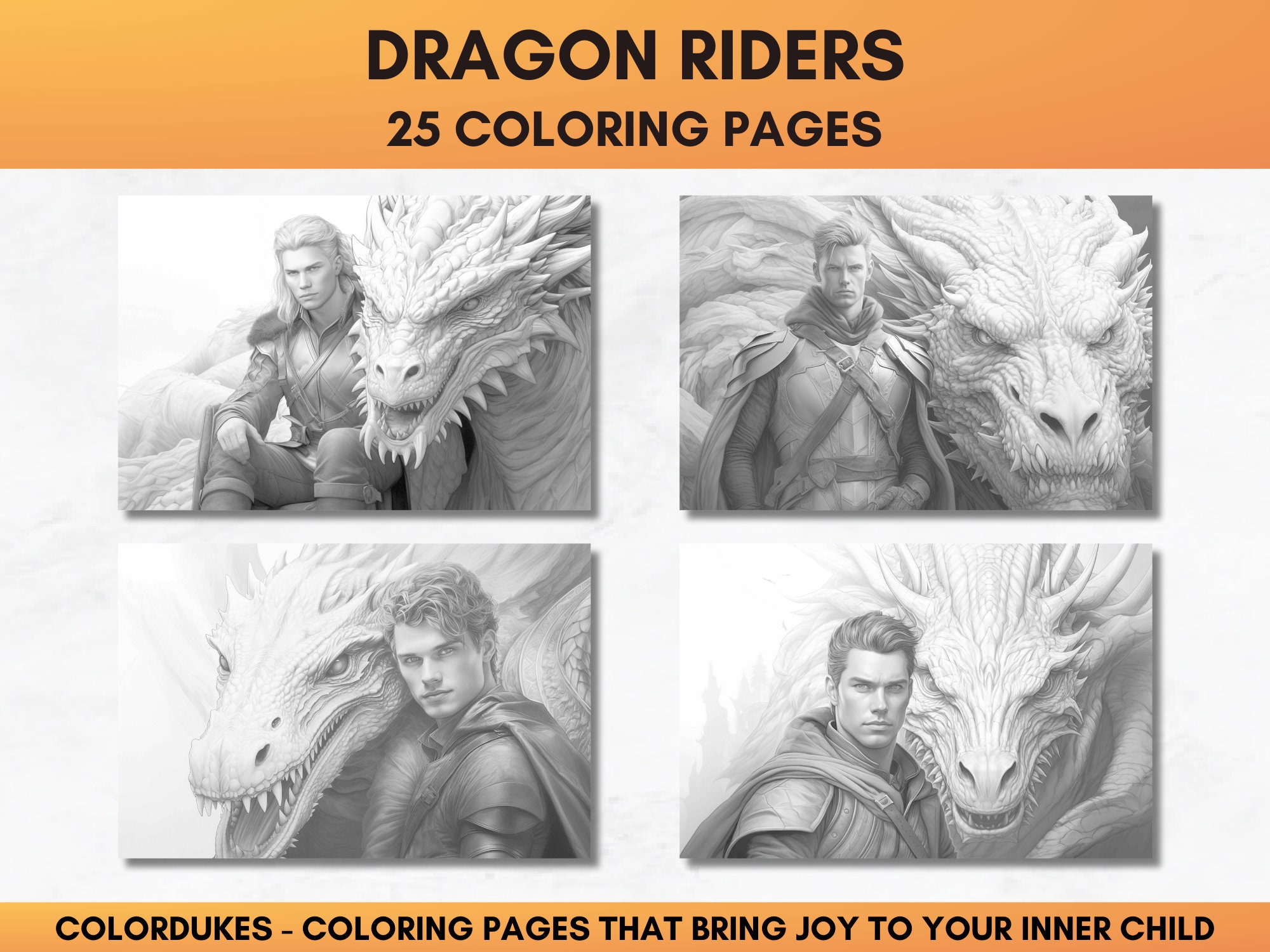 Dragon Riders Coloring Pages in Grayscale, Warrior Coloring Book for ...