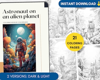 Pode incluir: Um livro para colorir com um astronauta em um planeta alienígena. A capa mostra uma ilustração colorida de um astronauta em pé em uma paisagem alienígena exuberante. O livro inclui 21 páginas para colorir e está disponível em duas versões: escura e clara.