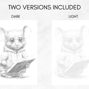 May include: A black and white pencil drawing of a mouse wearing glasses and a hoodie, sitting and reading a book. The drawing is available in two versions: dark and light.