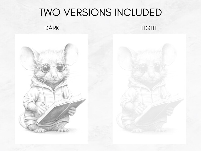 May include: A black and white pencil drawing of a mouse wearing glasses and a hoodie, sitting and reading a book. The drawing is available in two versions: dark and light.