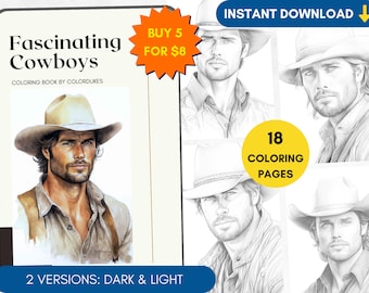 18 Coloring Pages Handsome Cowboys Grayscale Coloring Book for Adults, Men Portrait Coloring Pages for Pigment, Farm Coloring PDF Printable