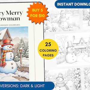 25 Coloring Pages Snowman Grayscale Coloring Book for Adults, Pigment Coloring Page Digital, Winter Coloring Christmas PDF Coloring for Kids