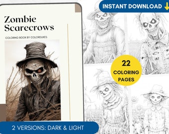 22 Halloween Coloring Pages for Adults, Scarecrow Coloring Book in Grayscale, Spooky Coloring Sheets, Digital Coloring